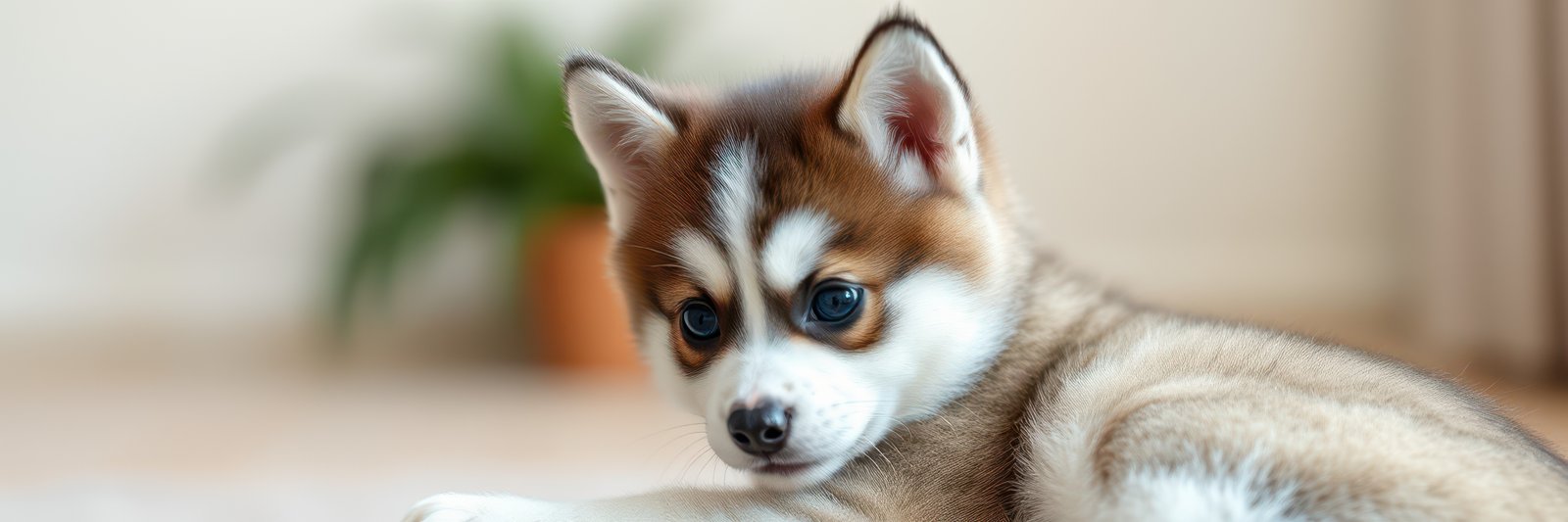 Adorable small puppy resting indoors with soft fur and captivating eyes near a potted plant during daylight